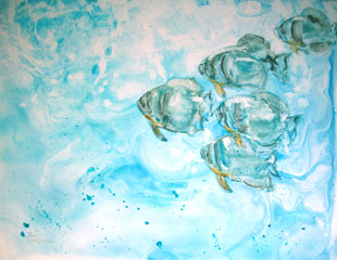 five fish painted on synthetic yupo paper